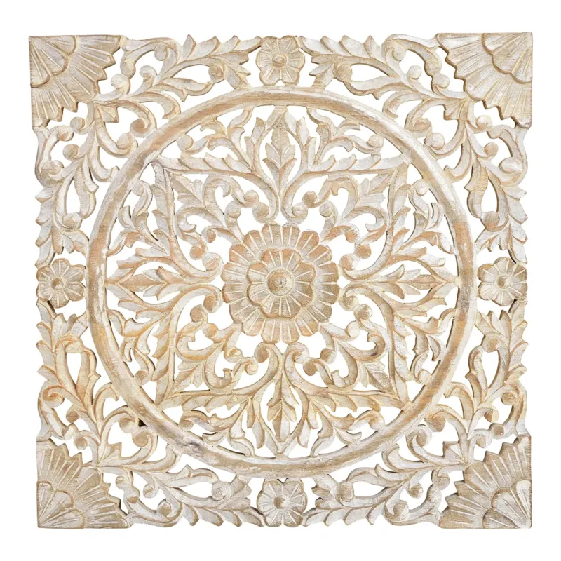Wandbild aus Mangoholz, Weißer Rahmen, Detailreiches Blumen-Dekor – Blumen | Wurm