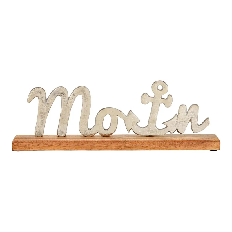 Aufsteller Schriftzug „Moin“ mit maritimem Dekor aus Mangoholz & Metall silber-braunem Finish | Wurm