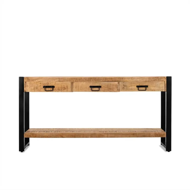 Beistelltisch – Mangoholz Tischplatte, Schwarzes Stahlgestell, Natürliche Oberfläche, 150 cm - Britt | Benoa