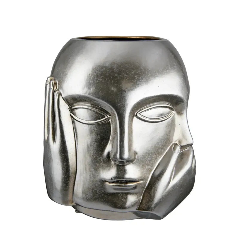 Gesichtsvase – Silberne Keramik, Glänzende Oberfläche, Handmotiv - Ponto | Gilde