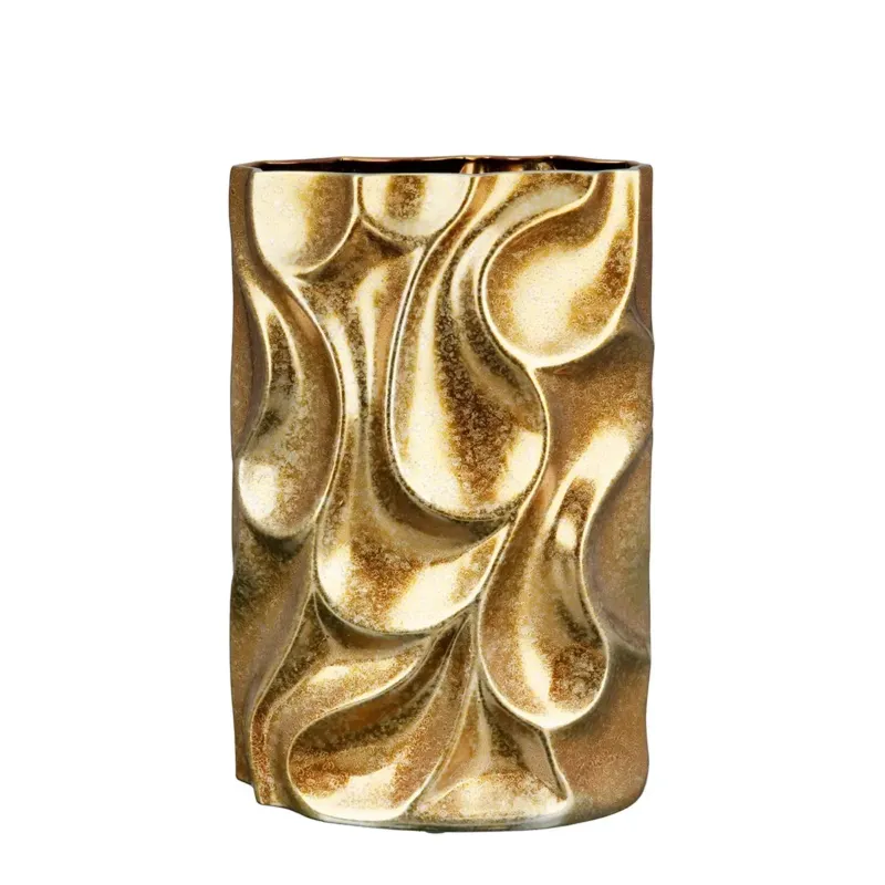 Vase – Goldene Keramik, Antike Oberfläche, Rechteckige Form, 27 cm Höhe - Relief | Gilde