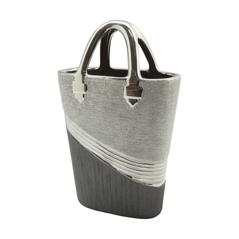 Vase – Graue Keramik, Silberfarbene Streifen, Taschenform - Bridgetown | Gilde