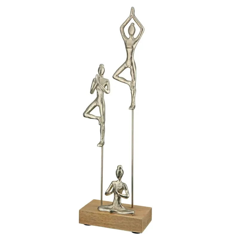 Skulptur – Silberfarbenes Aluminium, Natürliches Mangoholz, Yoga Motiv - Yogagruppe | Gilde