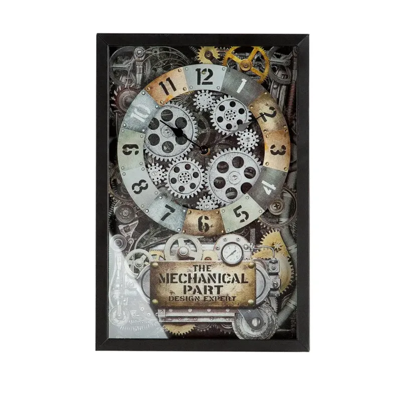 Wanduhr – Champagnerfarbenes Metall, Schwarze Akzente, Bewegtes Zahnrad - Steampunk | Gilde