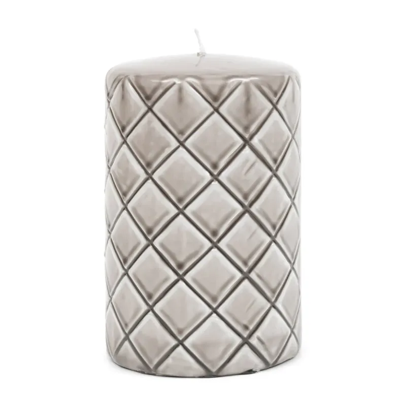 Stumpenkerze Beige mit Karo - Druck Paraffin (ØxH 9,5x15) - Pillar | Rivièra Maison - Esszett Luxury | Stilvolles Wohnen mit Charakter