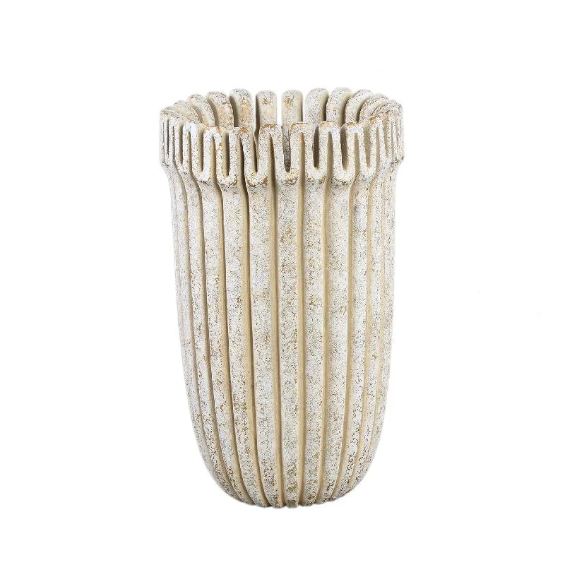 Blumentopf – Creme Farbe, Gerippte Linienstruktur, Zement Material, Hohe Form, L – Raffay | PTMD