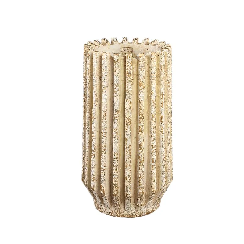 Blumentopf – Creme Farbe, Gerippte Linienstruktur, Zement Material, Hohe Form, M – Zariya | PTMD