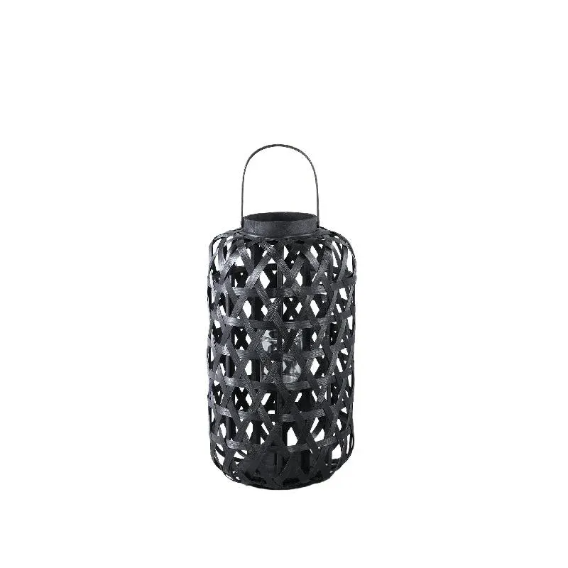 Laterne – Rundes Bambus Design, Glas Einsatz, Schwarzer Farbton, S – Mayita | PTMD