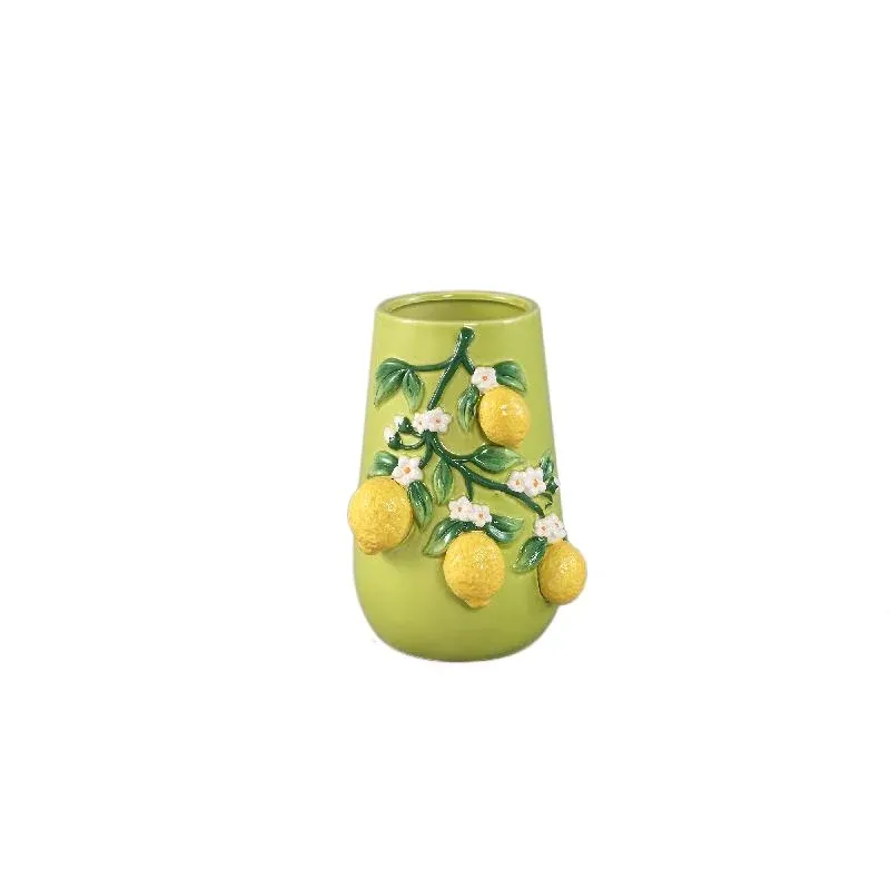 Vase – Grüne Farbe, Zitronenmotiv, Zweigdesign, Keramik, S – Stacy | PTMD