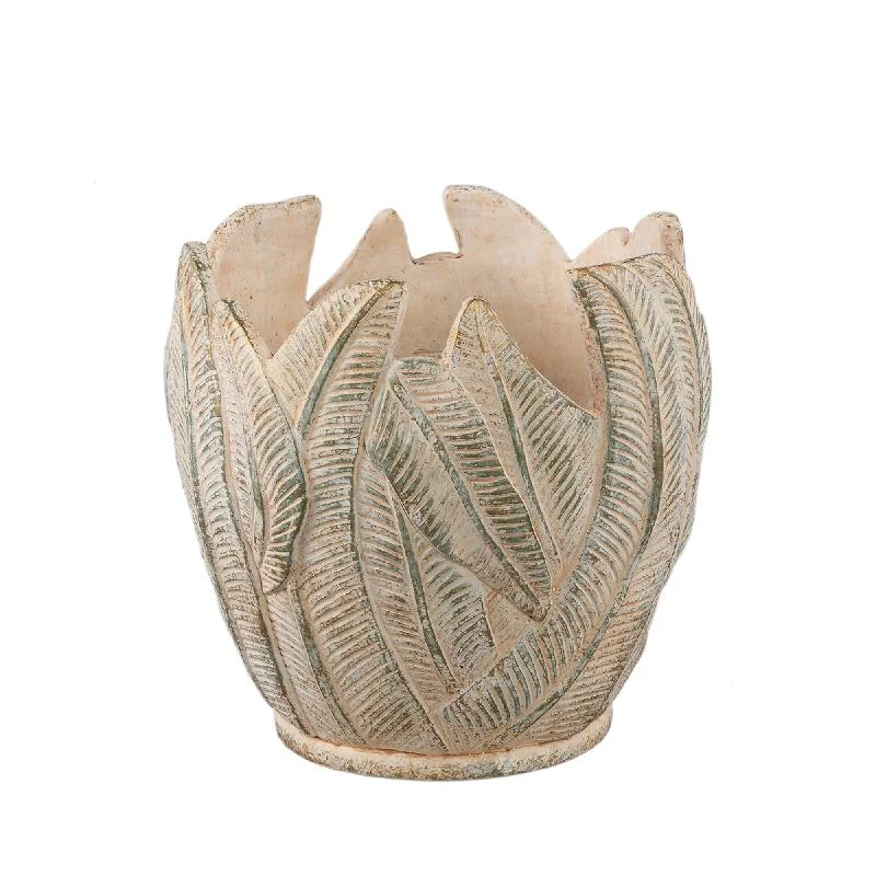 Blumentopf - Runder Zement, Blattmuster, Cremefarbe, XL – Noami | PTMD