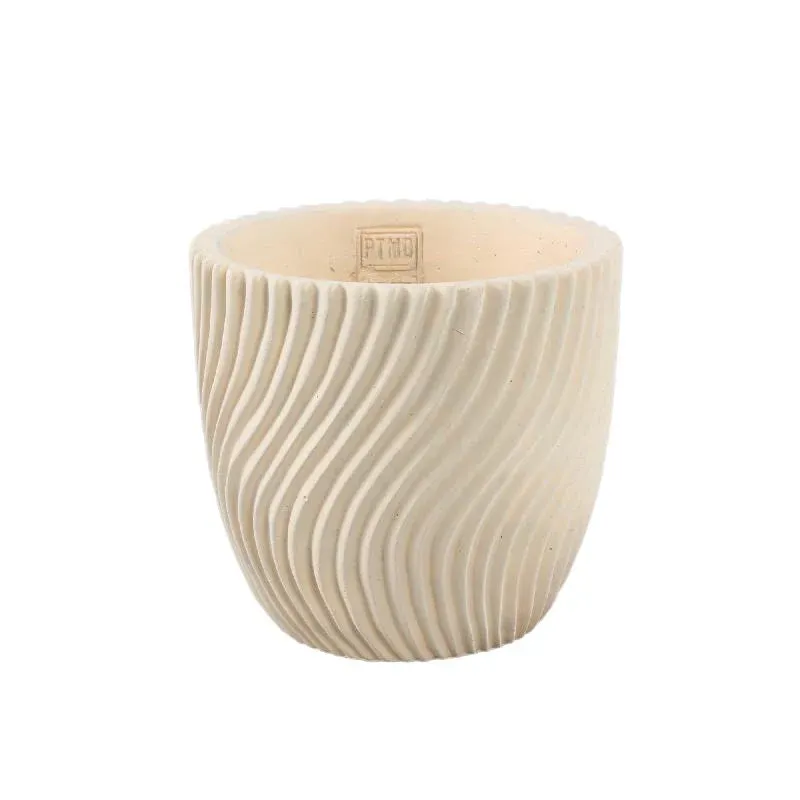 Blumentopf – Runde Form, Linienmuster Design, Creme Oberfläche, Zement Material, L – Lianna | PTMD