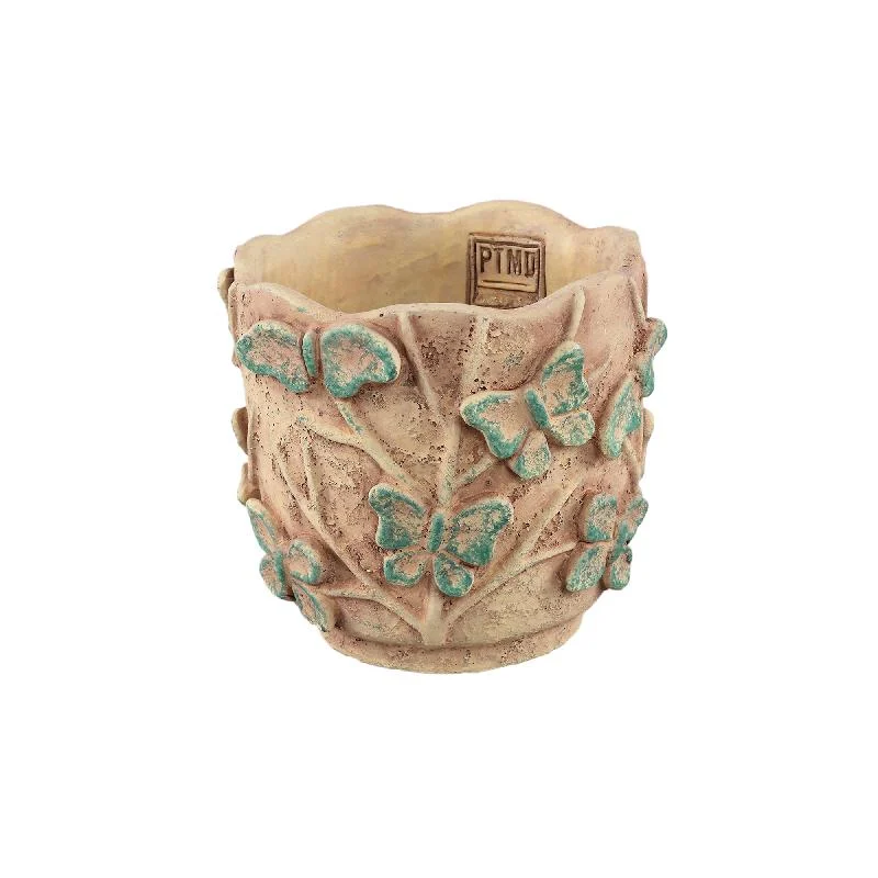 Blumentopf – Runde Form, Zement Material, Schmetterling Muster, Gelbe Oberfläche, M – Sterlin | PTMD