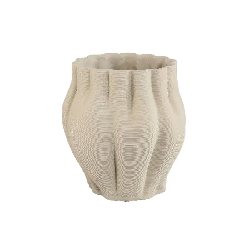 Topf – Beige Oberfläche, Wellenförmige Rillenstruktur, Zement Material, XL – Romen | PTMD