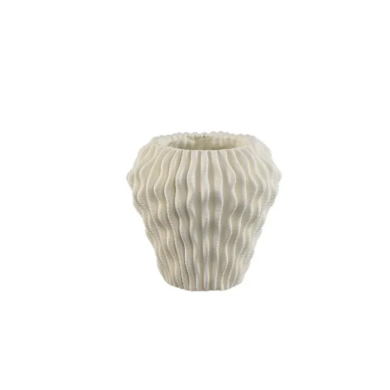 Vase – Weiße Farbe, Wellen Muster Design, Zement Material, S – Barren | PTMD