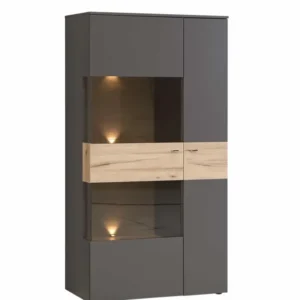 Highboard Vitrine halbhoch COMO mit Glaselementen und Planked Eiche Akzenten, Gesamtansicht von vorne.