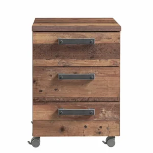 Rollcontainer CLIF mit drei Schubladen in Old-Wood-Vintage-Optik und dunkelgrauen Metallgriffen, Gesamtansicht von vorne.