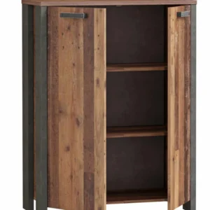 Kommode CLIF mit 2 Türen in Old Wood Vintage, Gesamtansicht mit offenen Holztüren und Betonoptik-Gestell.