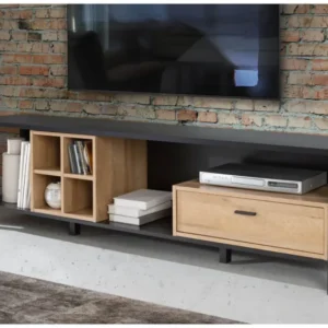 Lowboard TV-Board HIGH ROCK 141 in Riviera Eiche Optik und Schwarz mit offenen Fächern und Schublade in Gesamtansicht.