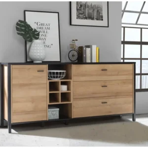 Sideboard Kommode HIGH ROCK 186 cm Riviera Eiche Optik/Schwarz in Gesamtansicht mit Türen, Schubladen und offenem Fach.