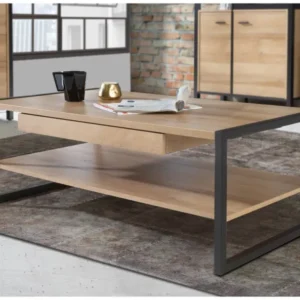Couchtisch HIGH ROCK 110 x 60 cm in Riviera Eiche Optik mit schwarzem Metallgestell, Gesamtansicht von vorne.