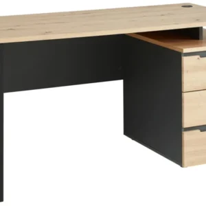 Schreibtisch MEMPHIS Artisan Eiche mit schwarzem Metallgestell und drei Holzschubladen in Gesamtansicht von vorne.