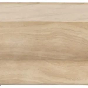 Couchtisch NOBLE oval in Kalksteinoptik, Gesamtansicht mit flacher Platte und geschwungenem Sockel in Beige.