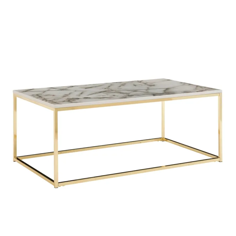 Couchtisch 100x60x40cm Marmoroptik Weiß Gold mit eckiger Marmoroptik-Platte und goldenem Metallgestell, Gesamtansicht.