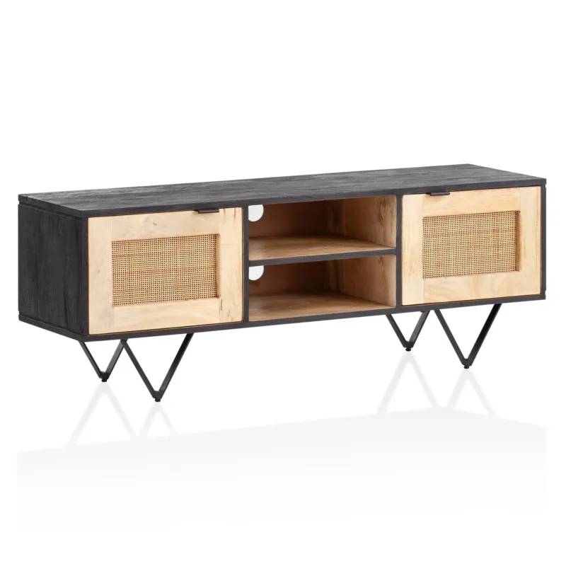 Lowboard Mango Massivholz Rattan 120x44x35cm TV-Kommode Modern mit schwarzer Oberplatte, Ratantüren und offenem Mittelbereich.