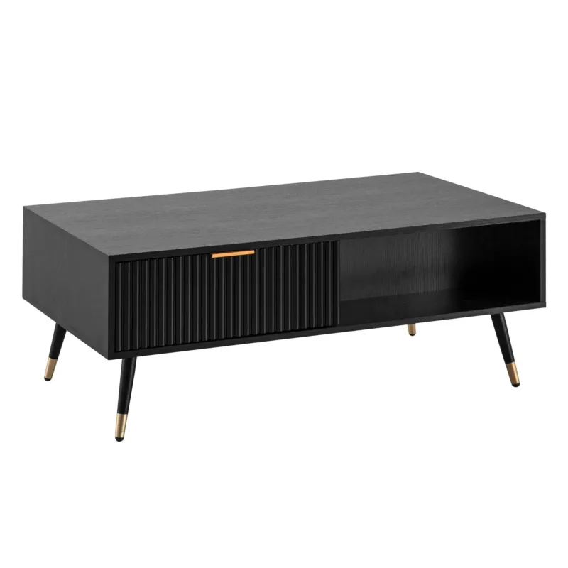Couchtisch 110x60x43cm Schwarz Eiche-Dekor mit gerillter Schranktür und offenem Stauraum in Gesamtansicht.