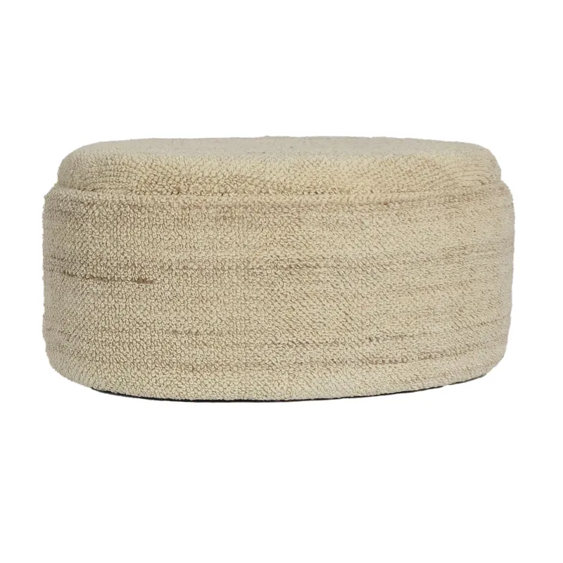 Sitzhocker mit Stauraum Wolle oval 81cm Braun Polsterhocker modern in Gesamtansicht mit beigefarbener Wollstruktur.
