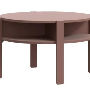 Couchtisch TOBAGO rund in Terracotta mit offenen Ablagefächern in der Seitenansicht.