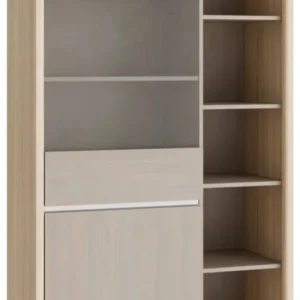 Highboard Vitrine FICAR 2-trg. in Riva Eiche und Imbiah Pine mit Glasschiebetüren und offenen Regalen in Gesamtansicht.