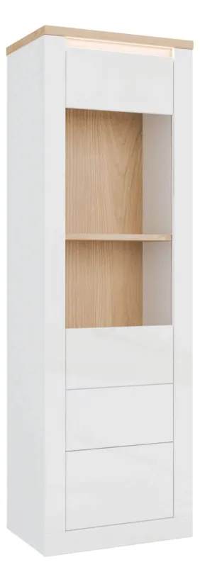 Vitrine DURAOAK 1-trg. in Weiß glänzend mit Wildeiche Dekor, Gesamtansicht mit Holzeinschubfächern und Schubkästen.