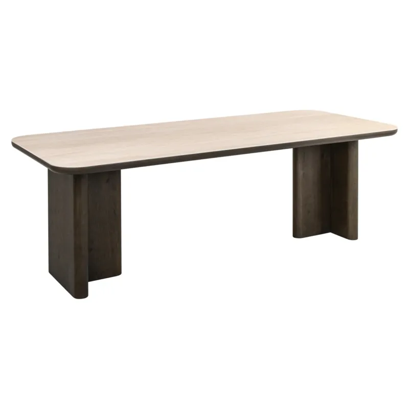 Esstisch Nando 230 cm mit heller Keramik-Travertin-Platte und massivem, dunkelbraunem Holzgestell in Gesamtansicht.