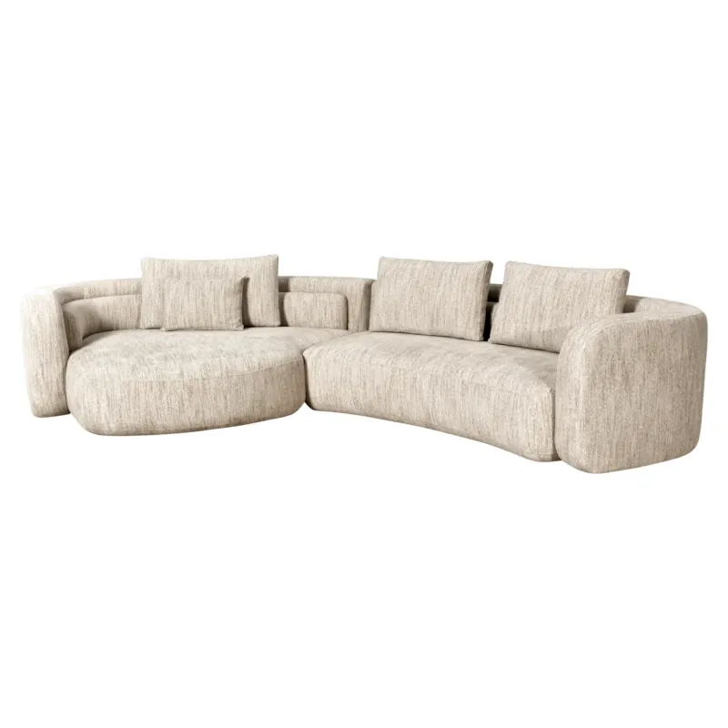 Richmond Sofa Augusto Lounge links in Natural Softweave, Gesamtansicht mit geschwungenen Loungeflächen und Dekokissen.
