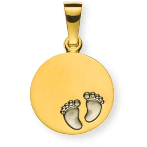 Anhänger Gravurplatte rund 12mm Gelbgold 750 Babyfussen rhodiniert