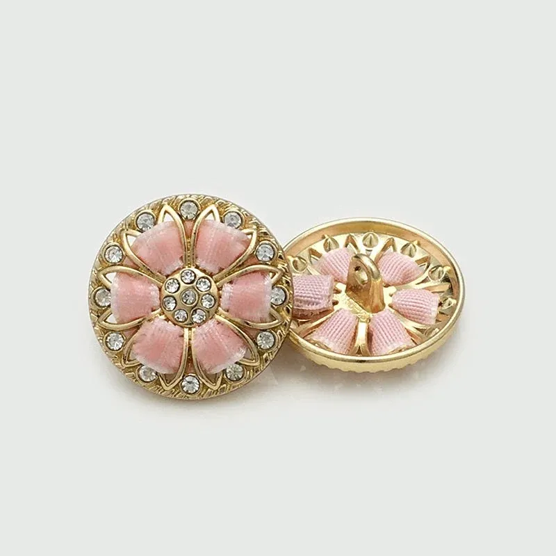 17.5/20/22.5mm Pink Flower Diamond Round Golden Metal Buttons 12pcs