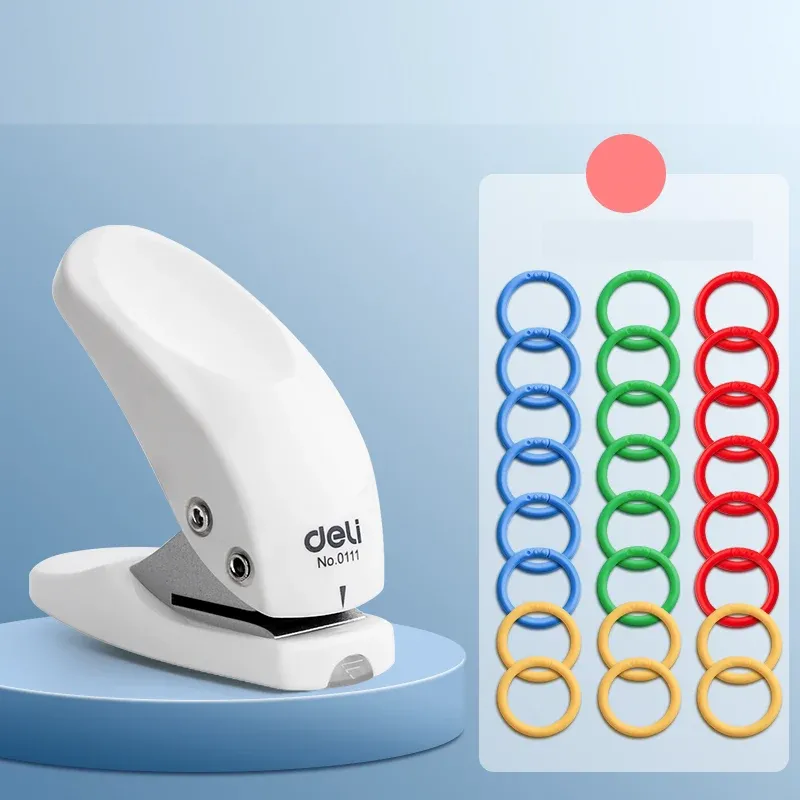 DELI Mini Single Hole Punch 6mm Hole with 24 Colorful Plastic Binding Rings White