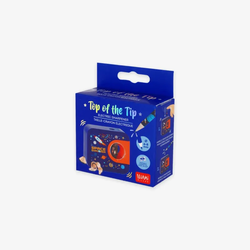 Box with electric pencil sharpener in blue and red with Space theme.