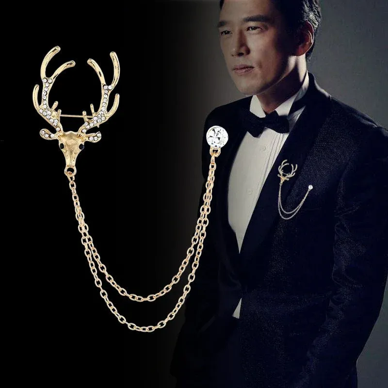 Christmas Deer Head Brooch with Chain Corsage 4pcs