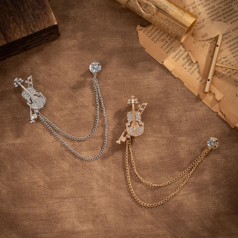 Diamond Violin Brooch Tassel Badge for Men Suits 2 Pack