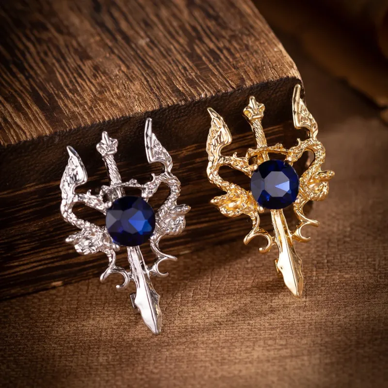 Chinese Style Vintage Zodiac Double Dragon Sword Men's Brooch 3pcs