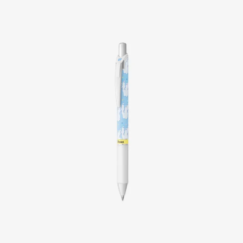 White pen with a blue moomin design on a white background