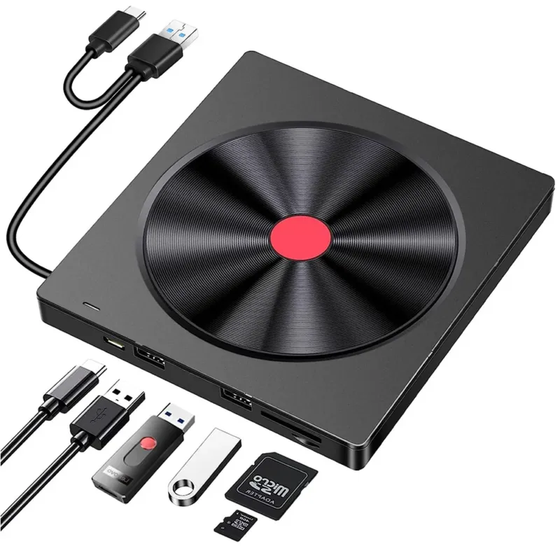 5-in-1 External CD/DVD Drive with SD/TF Card Reader | USB 3.0 & Type-C | Plug & Play | Universal for Laptop & PC