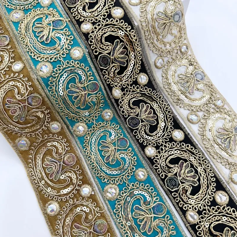 Paisley Ethnic Sequin Gold Cord Embroidered Trim 10 Yards
