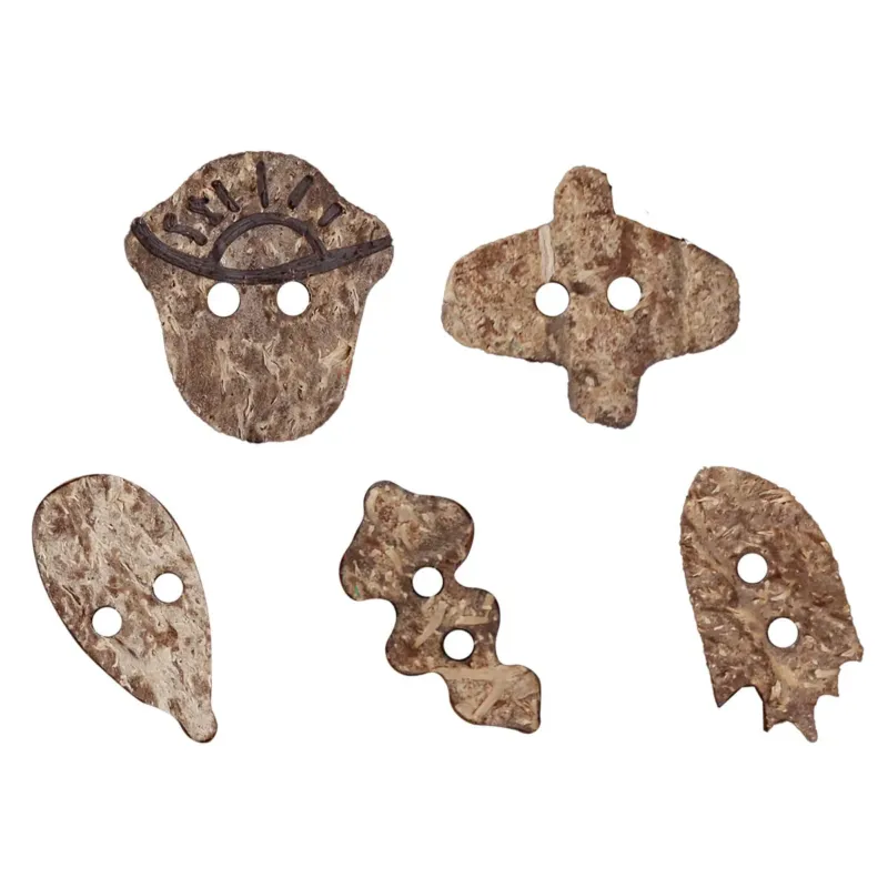 Natural Coconut Shell Novelty Shaped Buttons – Set of 30 (5 Whimsical Designs)