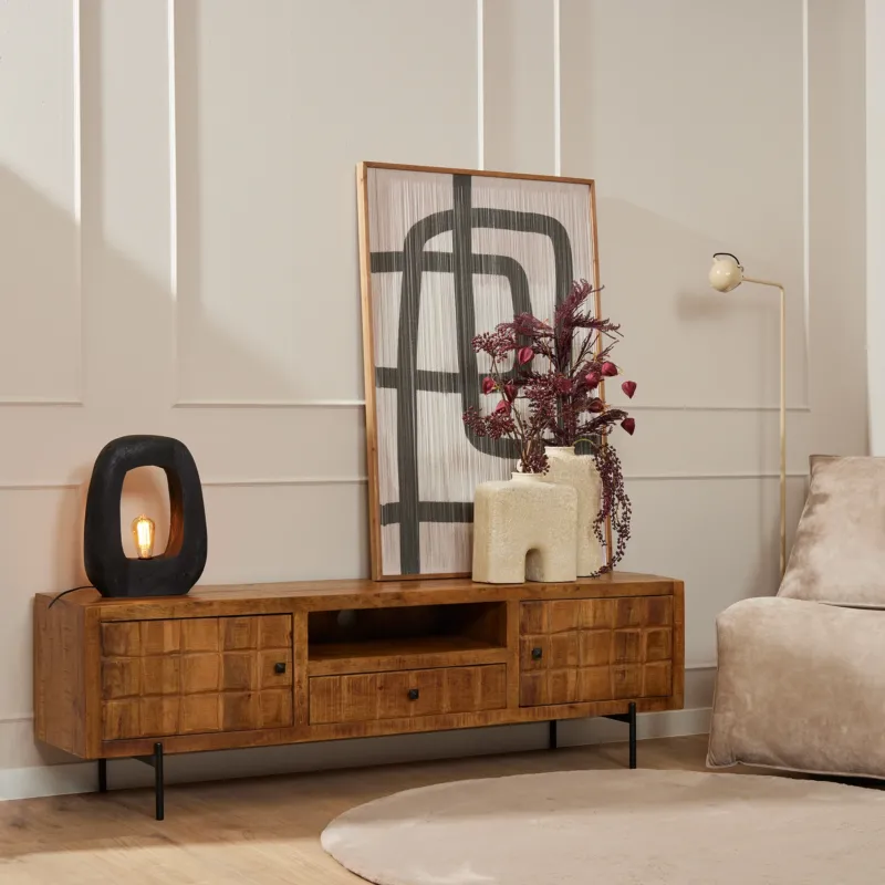 TV-Möbel - Mangoholz Gestreift, Blockmuster Design, Metallbeine, 180 cm – Brandy | Starfurn