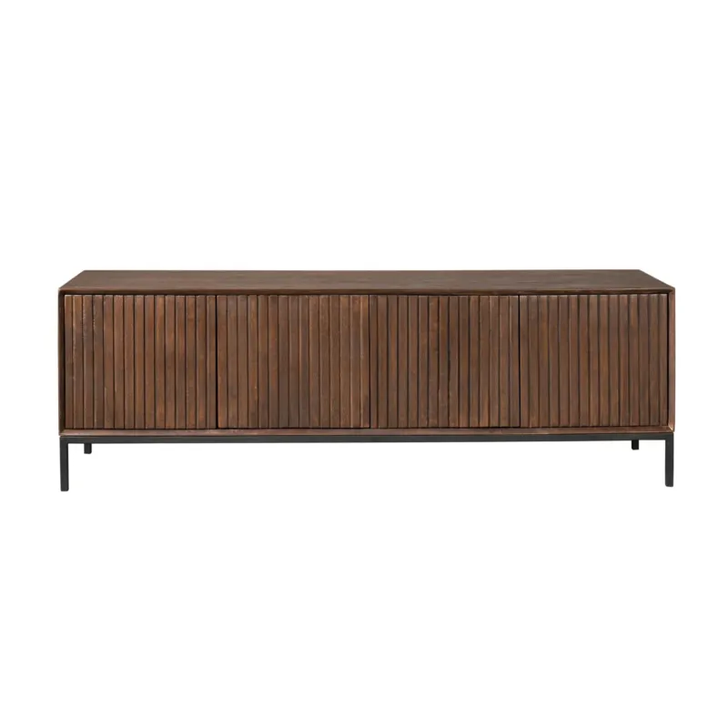 TV-Möbel - Braunes Mangoholz, Vertikale Lamellenfront, Grifflose Türen, 165 cm – Madison | Starfurn