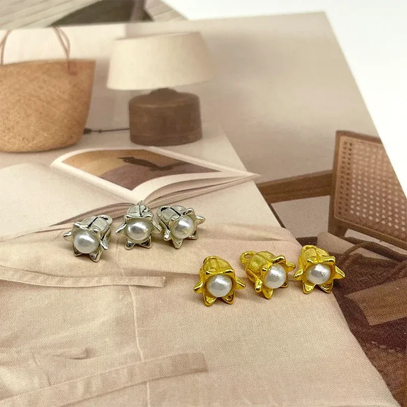 10mm Lily of the Valley Flower Metal Buttons Pearl Core for Shirt Jacket Cufflinks 50pcs 25pcs Gold+25pcs Silver